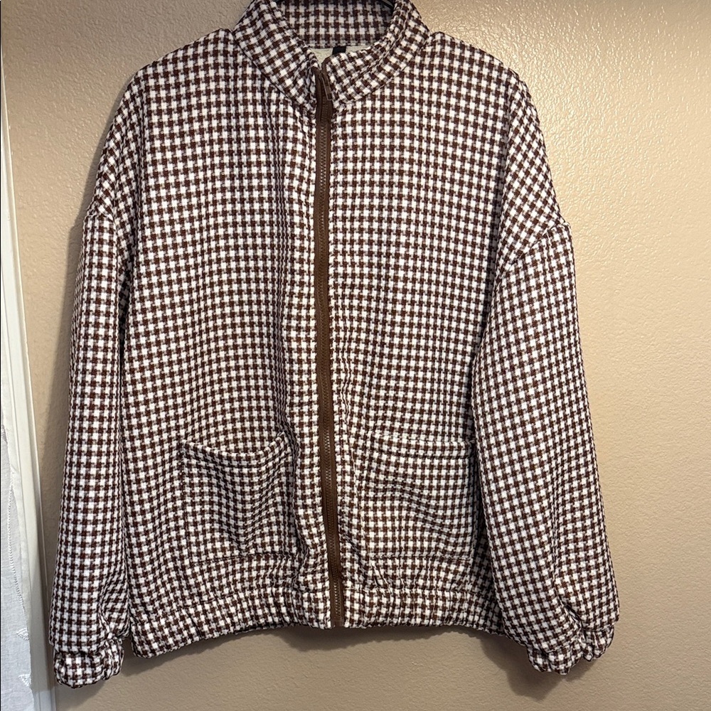 SHEIN Brown and White Plaid Teddy Jacket